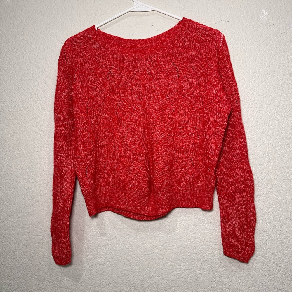 Anthropologie Red Wool Blend Pointelle Chevron Knit Sweater XS Long Sleeve Top